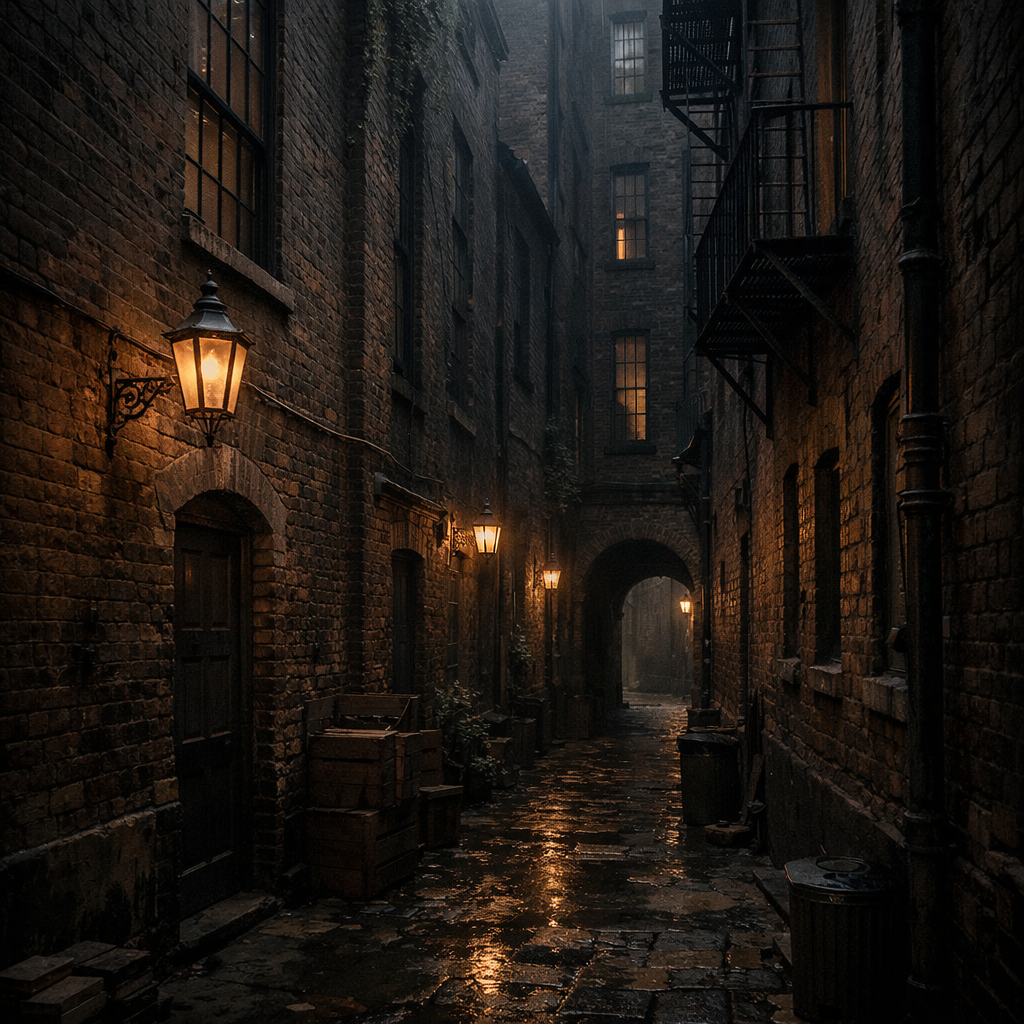 Narrow alley with wet cobblestone pavement, brick walls, and warm glowing windows