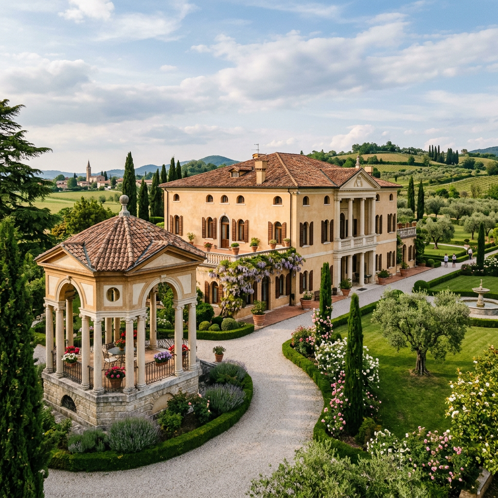Italian villa with formal gardens, gazebo, and scenic hills