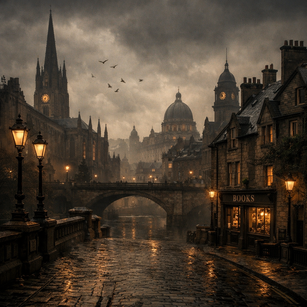 Cobblestone street beside a river with old buildings, lit street lamps, and an illuminated bookshop at dusk