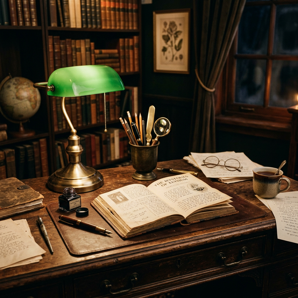 Vintage wooden desk with open book, green banker’s lamp, ink pot, glasses, pencils, and a cup of tea