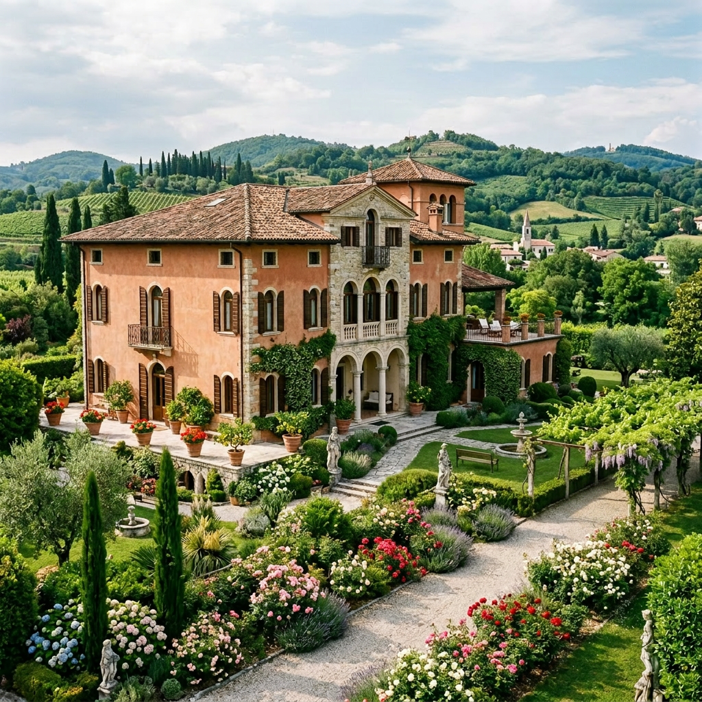 Tuscan villa with gardens, flower beds, and couple walking on pathway