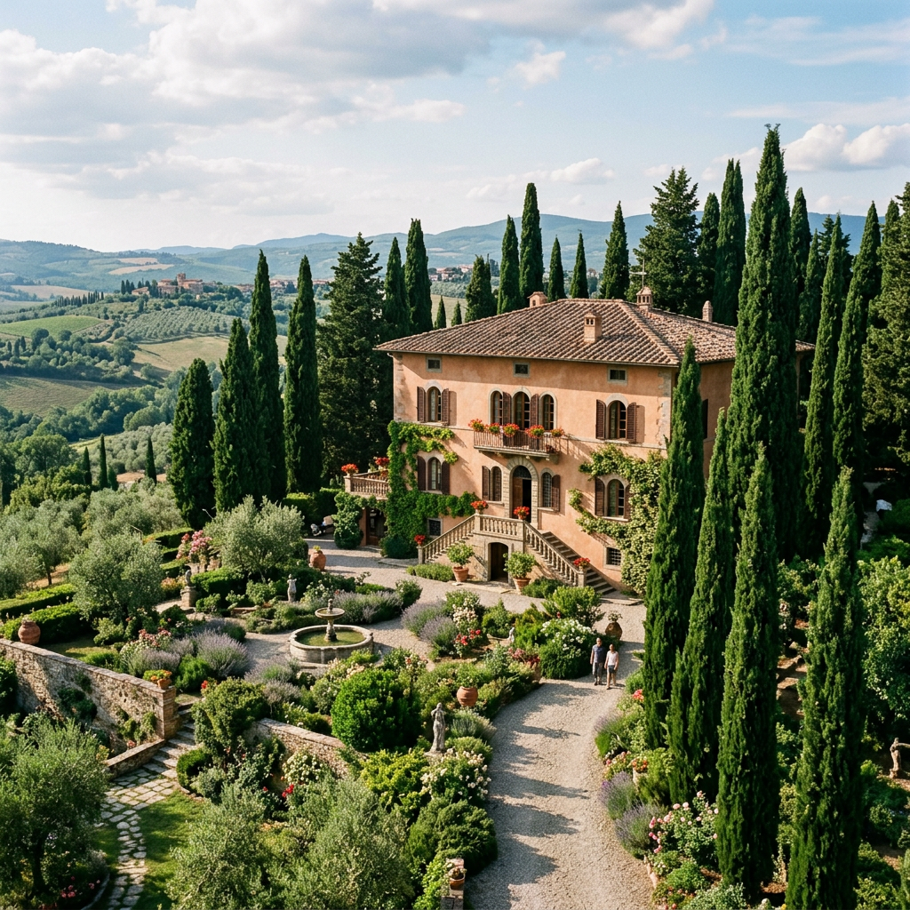 Tuscan villa surrounded by cypress trees and a manicured garden with a fountain