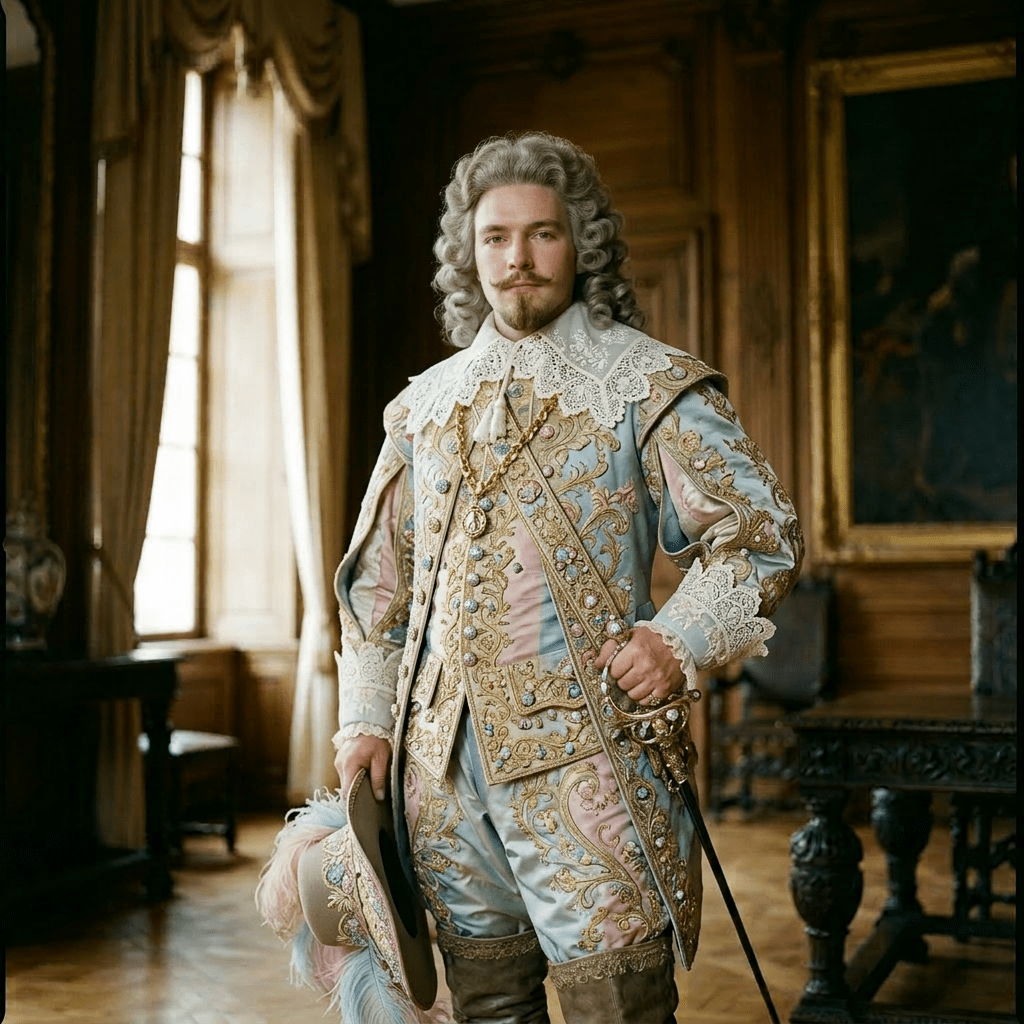 Nobleman in ornate 17th-century clothing with lace collar and sword indoors